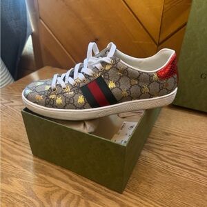 Gucci Brown Monogram Sneakers with Red and Black Accents